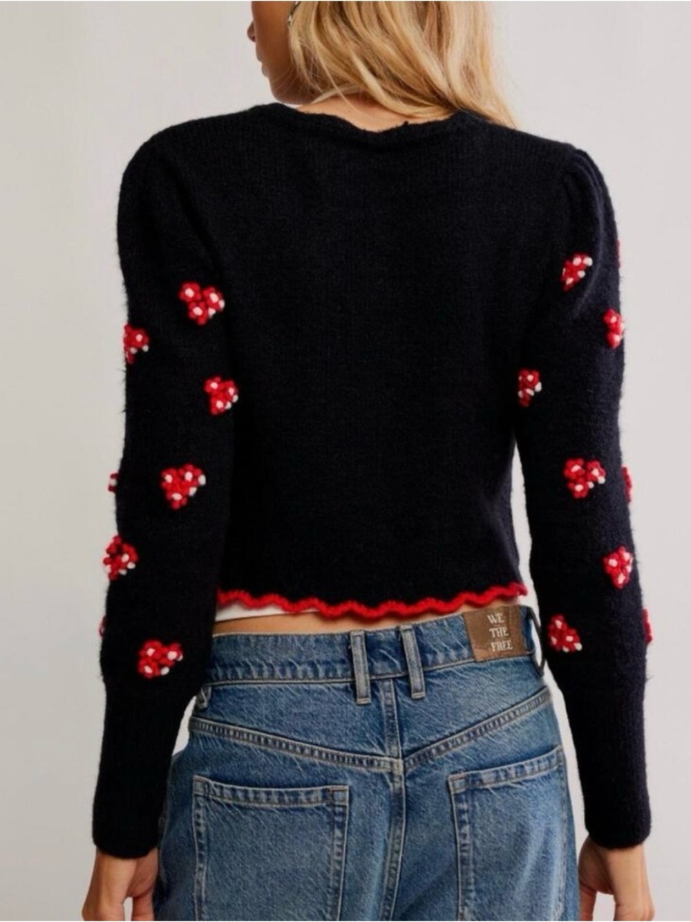 NWT Free People Navy Cropped Cardigan with Red Floral Knit - Picture 2 of 3